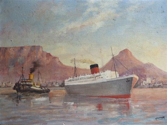 Hunter, oil on canvas board, Tug boat and liner off Cape Town, signed, 40 x 30cm